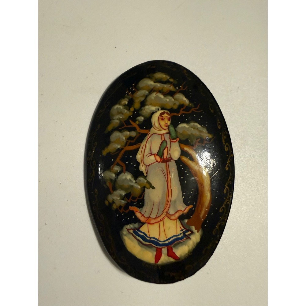Vintage Russian Palekh Lacquer Brooch Hand Painted Folk Art Winter Scene Signed